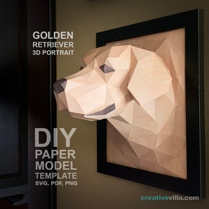 Golden Retriever Dog 3D Portrait Wall Sculpture DIY Low Poly Paper Model Template, Paper Craft image 1