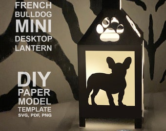 Mini lanterna da tavolo con bulldog francese, modello fai da te in carta low poly, artigianato con carta Cricut
