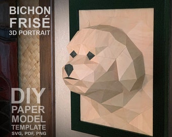 Bichon Frisé Dog 3D Portrait Wall Sculpture DIY Low Poly Paper Model Template, Paper Craft
