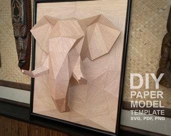 Elephant 3D Relief Wall Sculpture DIY Low Poly Paper Model Template, Paper Craft