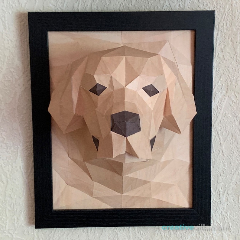 Golden Retriever Dog 3D Portrait Wall Sculpture DIY Low Poly Paper Model Template, Paper Craft image 6