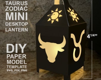 Taurus Zodiac Mini Desktop Lantern DIY Low Poly Paper Model Template, Cricut Paper Craft