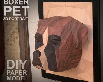 Boxer Dog 3D Portrait Wall Sculpture DIY Low Poly Paper Model Template, Paper Craft