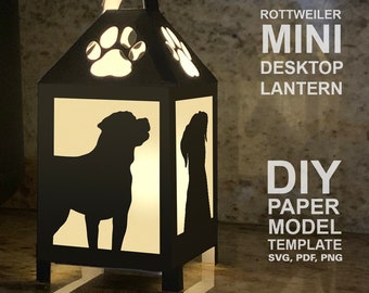 Rottweiler Dog Mini Desktop Lantern DIY Low Poly Paper Model Template, Cricut Paper Craft