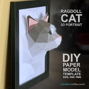 Ragdoll Cat 3D Portrait Wall Sculpture DIY Low Poly Paper Model Template, Paper Craft image 3