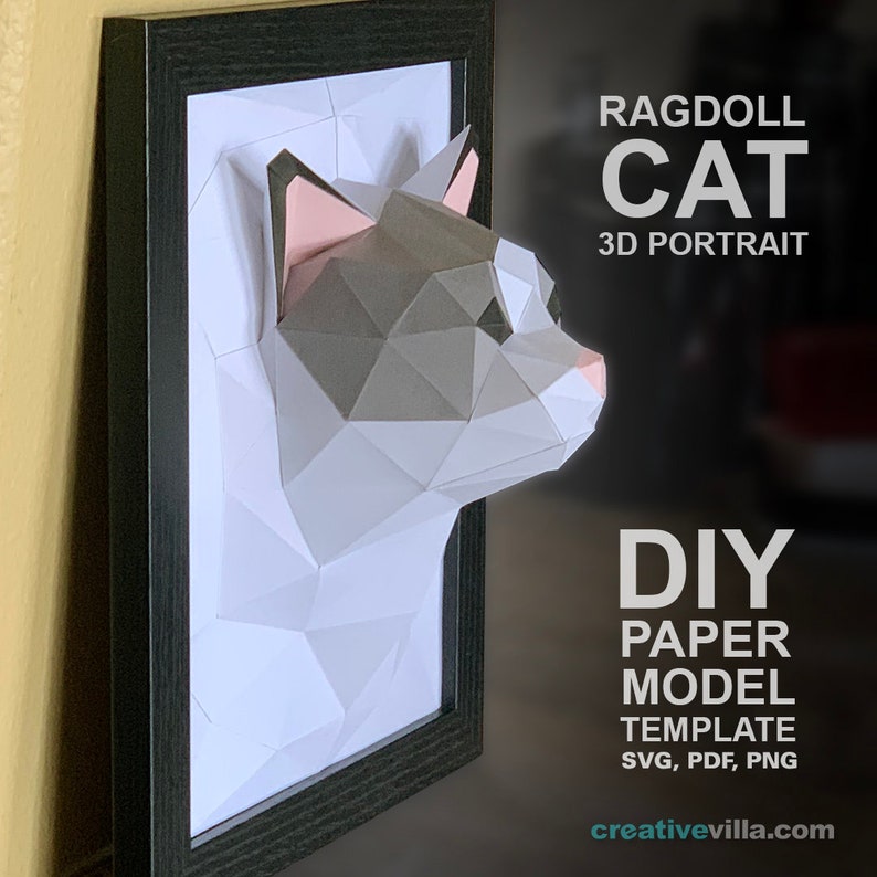 Ragdoll Cat 3D Portrait Wall Sculpture DIY Low Poly Paper image 3