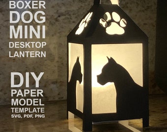 Boxer Dog Mini Desktop Lantern DIY Low Poly Paper Model Template, Cricut Paper Craft