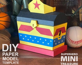 Superhero Mini Treasure Chest #5 - DIY Polygonal Paper Art Model Template, Paper Craft
