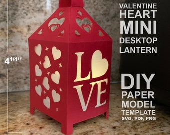 Valentine Heart Mini Desktop Lantern DIY Low Poly Paper Model Template, Cricut Paper Craft