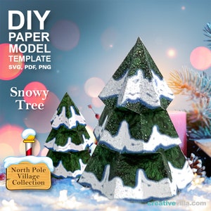 May include: DIY paper model template for a snowy Christmas tree. The template includes SVG, PDF, and PNG files. The image shows a 3D model of the tree with a green base and white snow accents. The text "Snowy Tree" is displayed on the image.