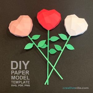 Simple Heart DIY Low Poly Paper Model Template with optional Stem and Leaves template, Paper Craft