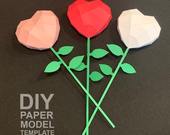 DIY Paper Heart Model Template with Stem & Leaves (Digital Download)