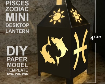 Pisces Zodiac Mini Desktop Lantern DIY Low Poly Paper Model Template, Cricut Paper Craft