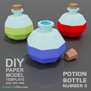Puede incluir: Tres botellas de poción de papel geométricas con tapas azul claro y corchos marrones. Una tiene una base verde, otra azul y la tercera roja. La imagen incluye el texto "DIY PAPER MODEL TEMPLATE" y "POTION BOTTLE NUMBER 3".
