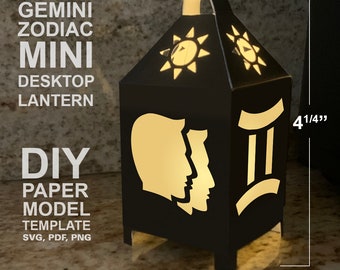 Mini lanterna da tavolo dello zodiaco Gemini, modello di modello di carta low poly fai da te, artigianato con carta Cricut