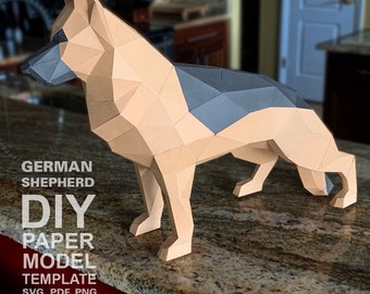 Perro pastor alemán - Plantilla de modelo de papel DIY Low Poly, artesanía de papel