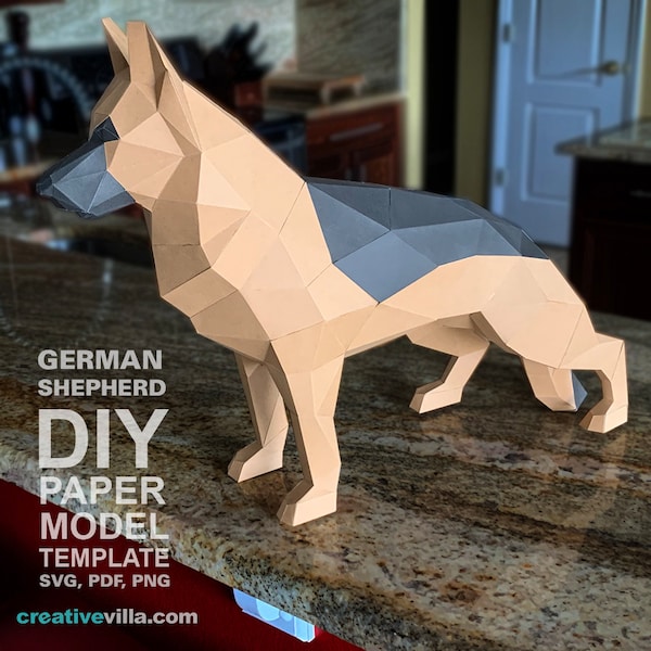 German Shepherd Dog - DIY Low Poly Paper Model Template, Paper Craft