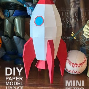 Mini Retro Rocket #1 - Modello di arte poligonale fai da te in carta, artigianato in carta
