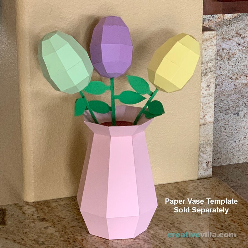 Easter Egg Flower DIY Low Poly Paper Model Template with Stem and Leaves template, Paper Craft image 3
