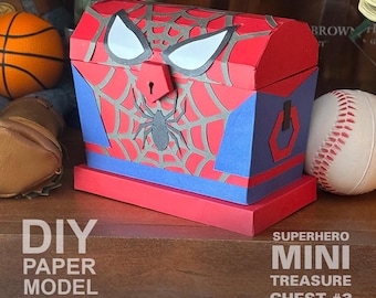 Baú de tesouro de mini super-heróis nº 3 - Modelo de modelo de arte em papel poligonal faça você mesmo, artesanato em papel