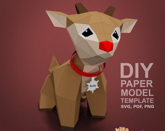 Villa Buddies - Rudy Reindeer DIY Low Poly Paper Model Template, Paper Craft, Christmas, Rudolf