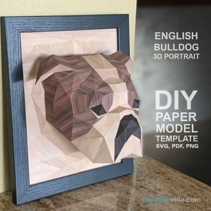 English Bulldog 3D Portrait Wall Sculpture DIY Low Poly Paper Model Template, Paper Craft image 3