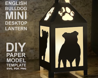 English Bulldog Mini Desktop Lantern DIY Low Poly Paper Model Template, Cricut Paper Craft