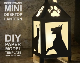 Dobermann Mini Desktop Lantern DIY Low Poly Paper Model Template, Cricut Paper Craft