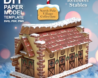North Pole Village - Reindeer Stables - DIY Polygonal Paper Art Model Template, Paper Craft