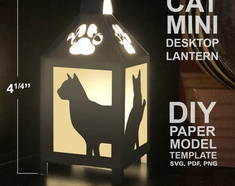 Modello di modello di carta low poly fai da te per mini lanterna da tavolo con gatto, creazione di carta Cricut