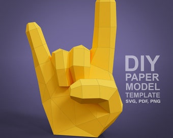 Mano ispirata alle emoji - Rock On! - Modello di modello di carta low poly fai-da-te, mestiere di carta