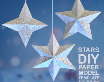 Coleção Três Estrelas #1 - Modelo de Papel Low Poly Faça Você Mesmo, Artesanato em Papel