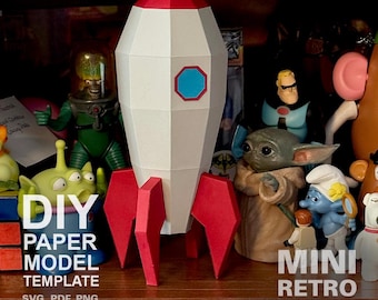 Mini Retro Rocket #2 - Modello di arte poligonale fai da te in carta, artigianato di carta