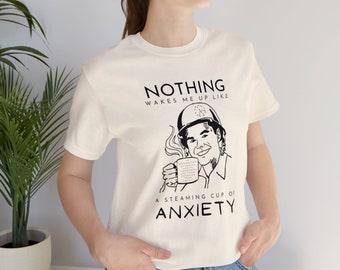 Morning Routine, Steaming Cup of Anxiety, satire, funny t-shirt, comedy shirt, Mens Jersey Short Sleeve Tee