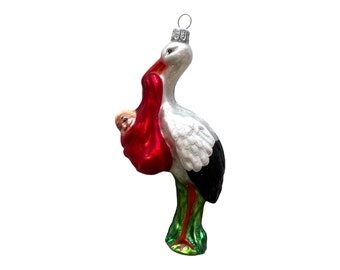 Christmas glass ornament Stork with baby, traditional glass decoration