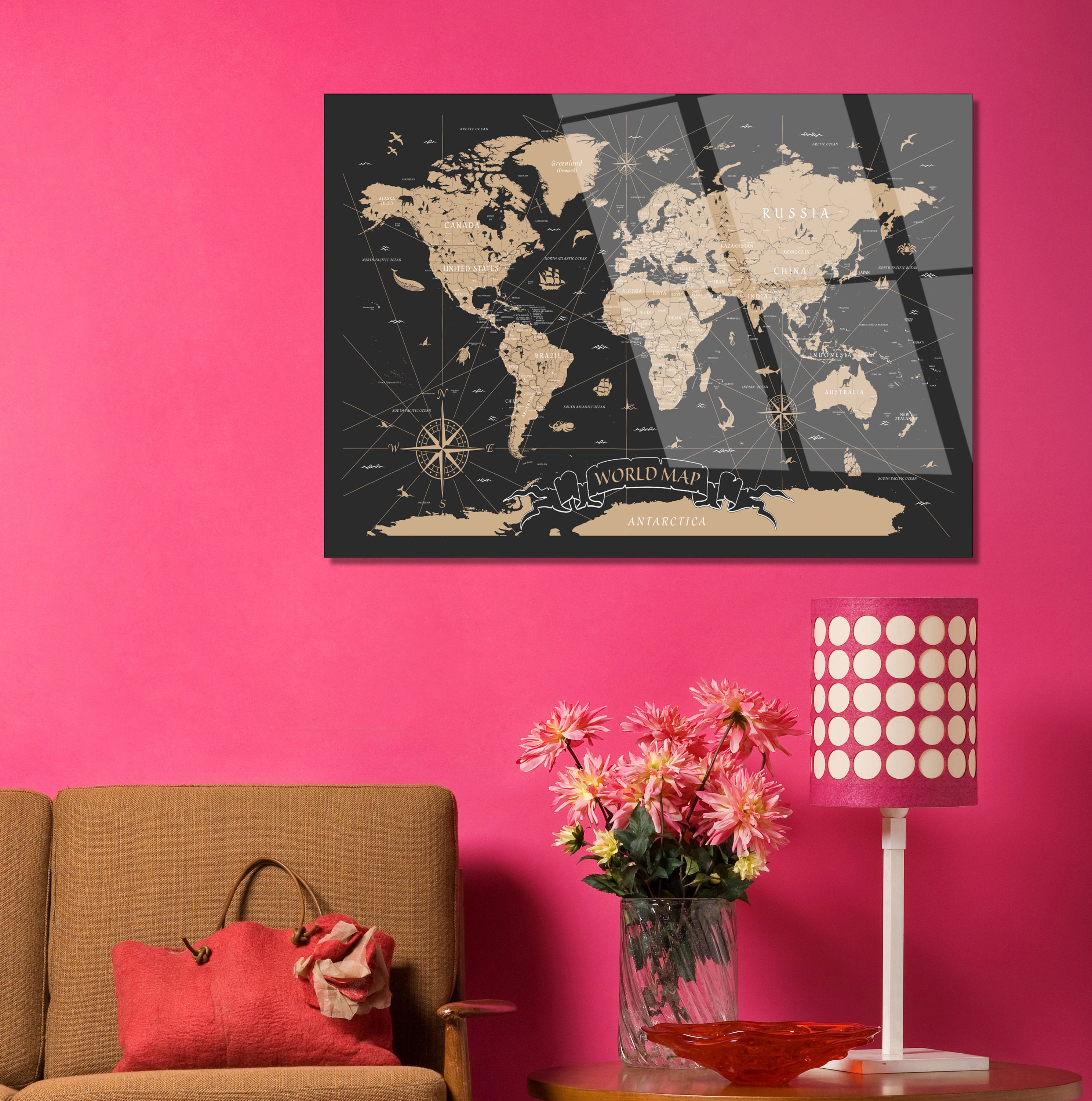 Word Map Tempered Glass Wall Artvintage World Map Glass Wall Artmodern