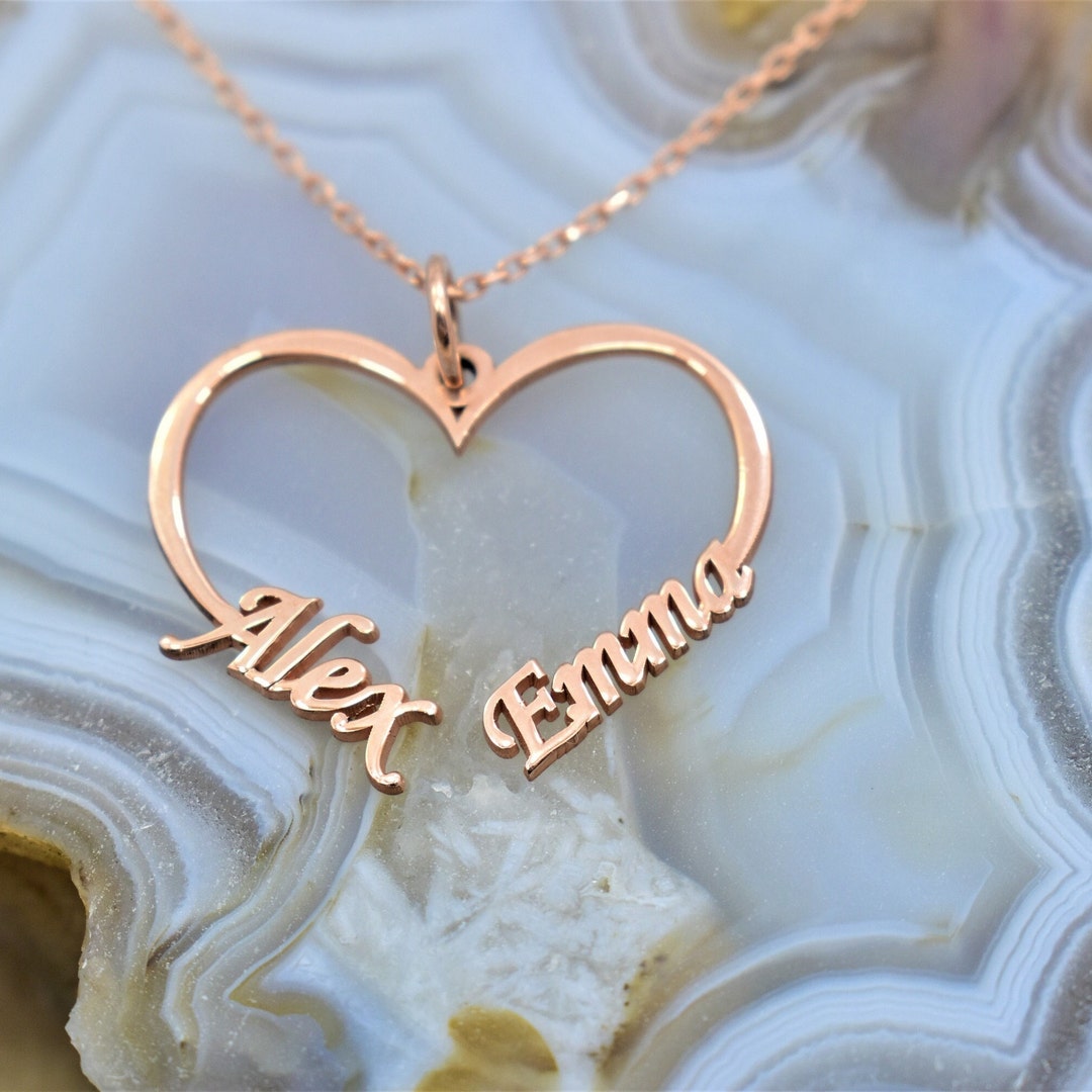 Double Name Necklace With Heart,custom Heart Charm Name Necklace