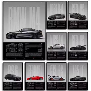 May include: A collection of nine rectangular posters featuring various sports cars, including a BMW M4, Nissan, and Ferrari. Each poster displays a side-profile image of a car, technical specifications, and line-art diagrams on a gray and black background.