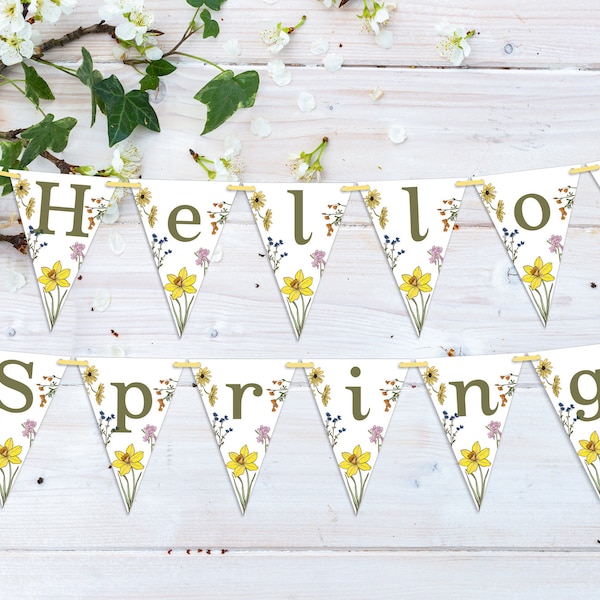 Download, DIY, PRINTABLE, Hello Spring, Floral, Flowers, Daffodil, Bunting, Flags, Banner, Garland, Nature, Seasonal Decor.