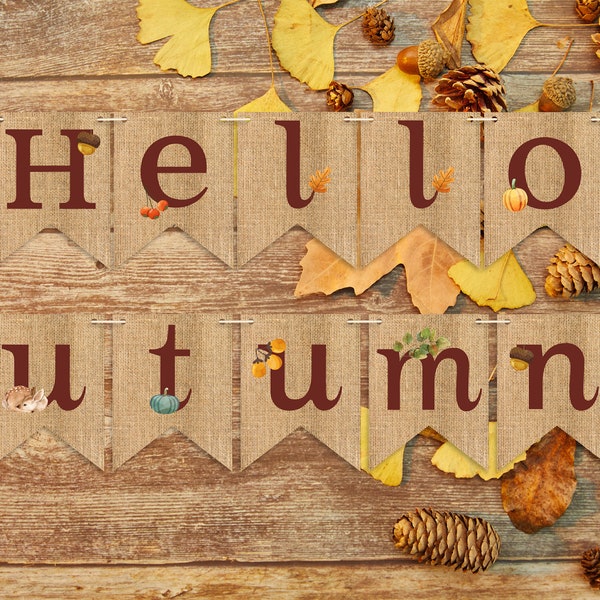 PRINTABLE Hello Autumn, Leaves, Pumpkin, Bunting, Flags, Banner, Garland, Nature, Seasonal Decor