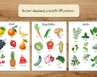 PRINTABLE A4, Pictures, Fruit, Vegetables, Herbs, Playroom, Watercolour, Set of 3, Art, Beautiful, Kitchen, Mud kitchen, Digital, Poster