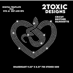 May include: A digital template file featuring a snake-shaped heart design made of 755 small stones. The design measures 23.44 cm x 21.11 cm. The text "2TOXIC DESIGNS" and "CRICUT BROTHER SILHOUETTE" are displayed on a black background. File formats include SVG, AI, DXF, and EPS.