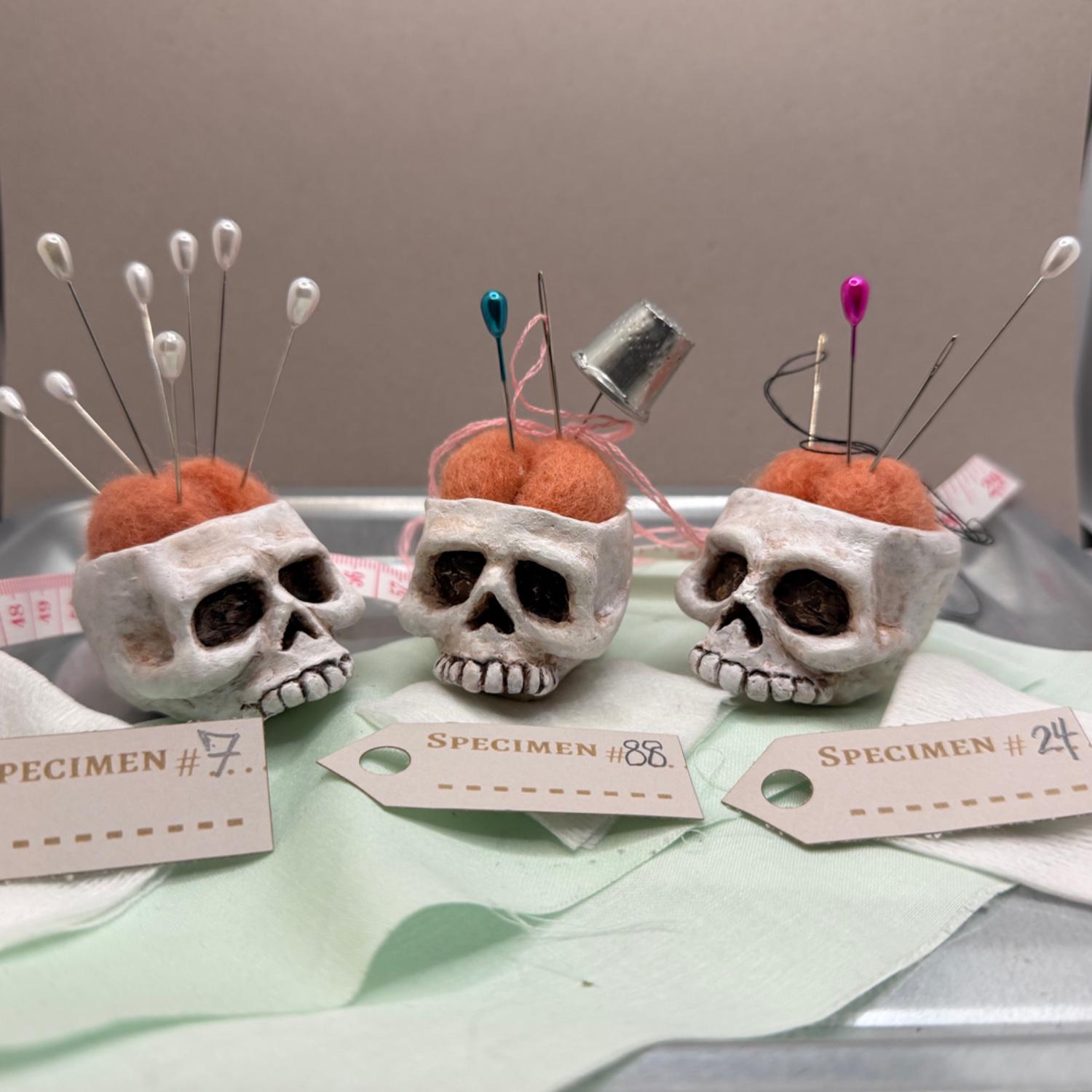 Skull Double-Head Pin Cushion with Feathers - Green & Black Skull Pin Cushion - Etsy New Zealand main image 4