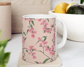 Cherry Blossom Tree Mug, Japanese Pink Sakura Ceramic Coffee Mug, 11oz