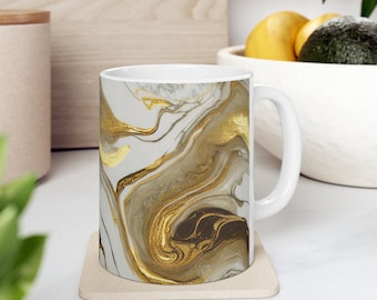 Gold Marble Texture Coffee Mug, White Ceramic 11oz