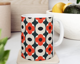 Floral Ceramic Coffee Mug, Scandinavian Design, 11oz