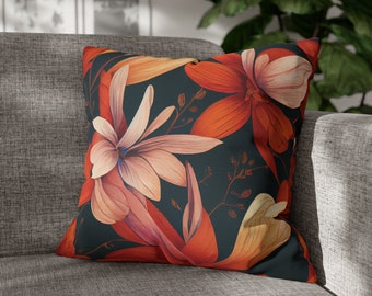 Red Floral Throw Pillow Cover, Navy Botanical Cushion, Double-Sided Print