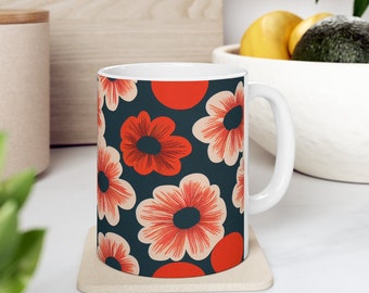 Red Floral Ceramic Coffee Mug, Scandinavian Finnish Design, 11oz