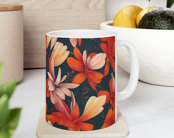 Floral Coffee Mug, Red Orange Flowers, 11oz Ceramic Mug