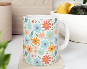 Floral Coffee Mug, Colorful Flower Design, Ceramic Mug 11oz